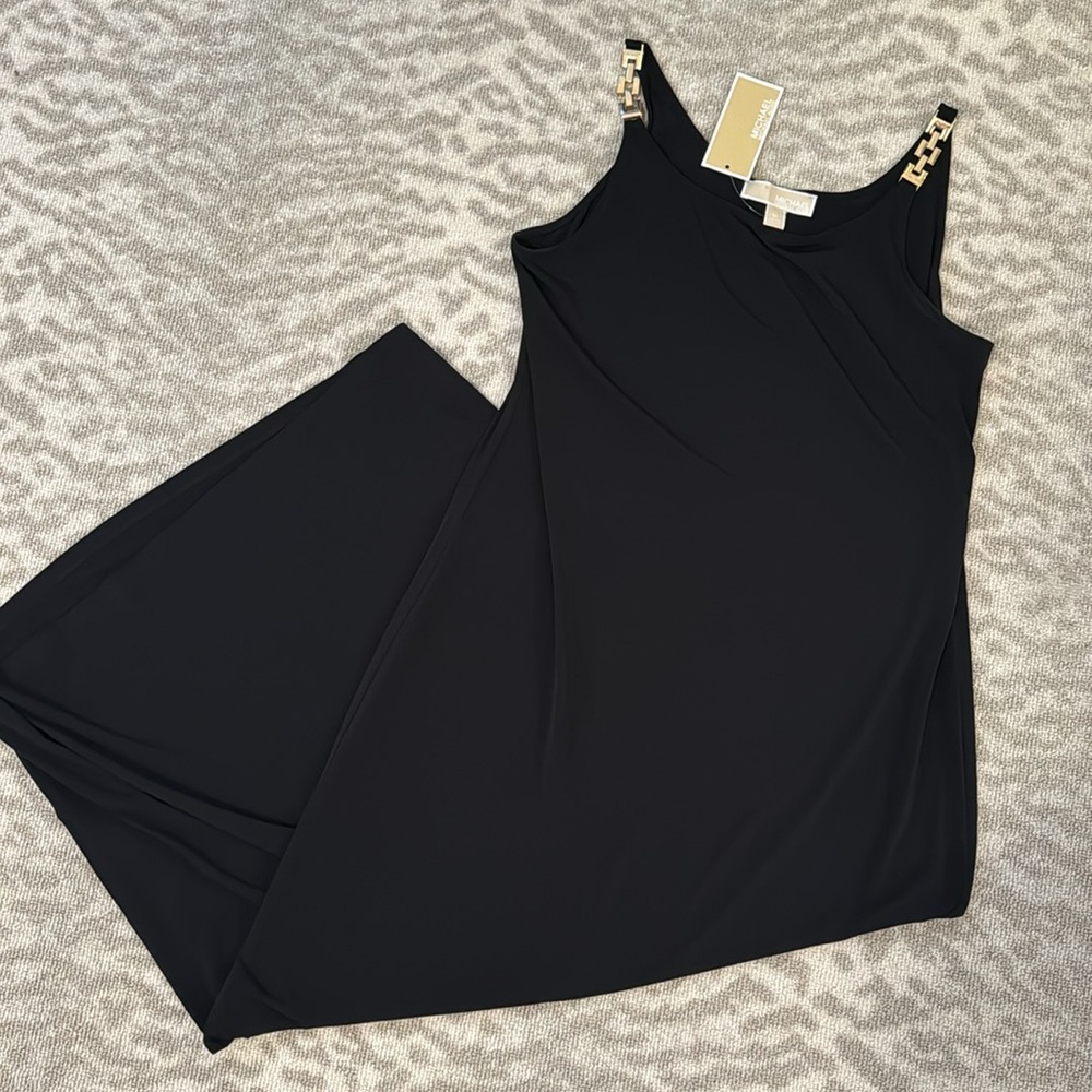 Micheal by Michael Kors long black jersey dress gold link strap day to e…